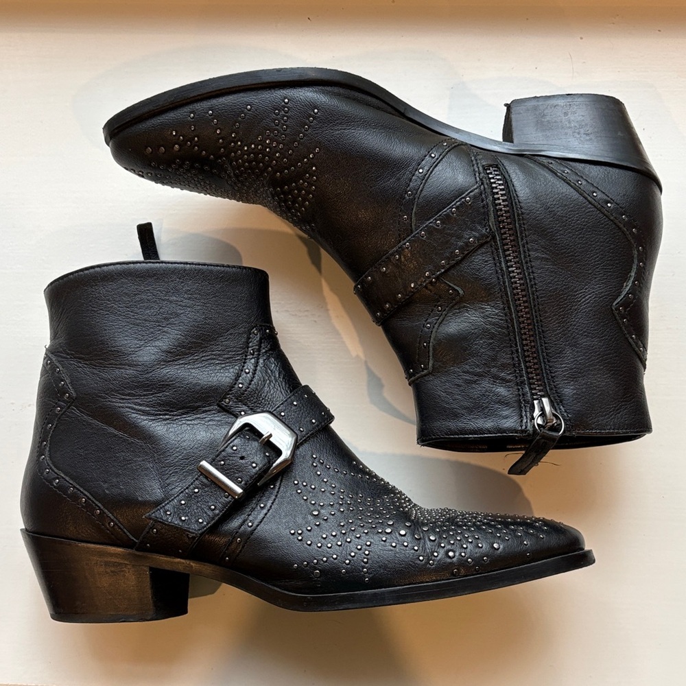 Zara Western Black Leather Micro Stud Ankle Boots - Picture 4 of 6